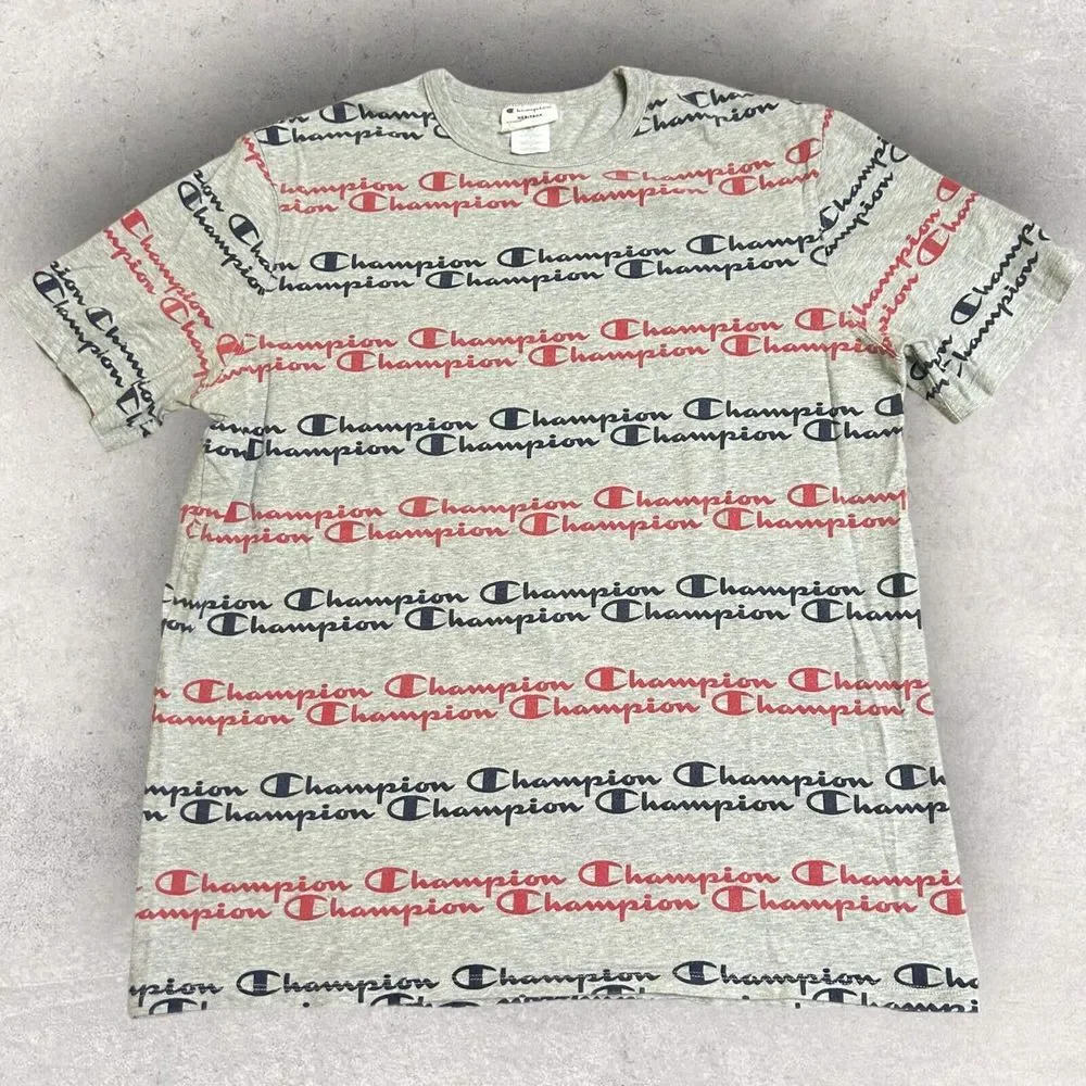 Champion Shirt Mens XL Gray All Over Print Spell Out Short Sleeve Tee - Picture 1 of 7